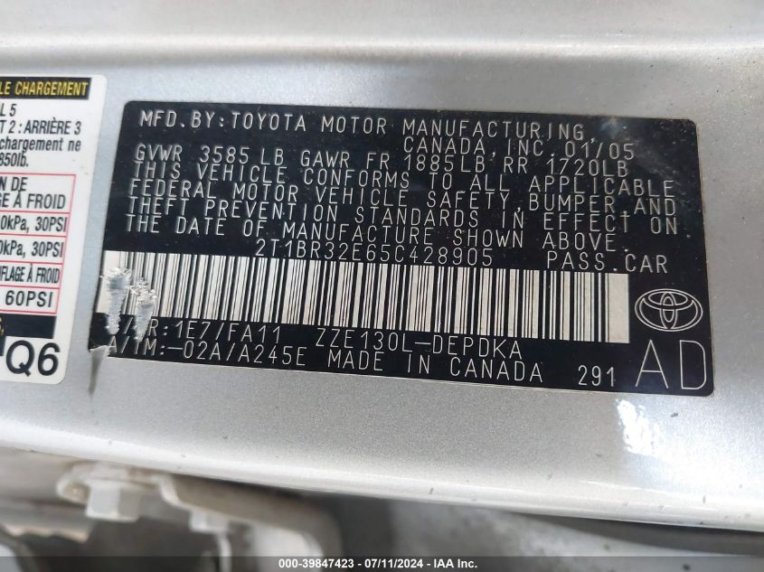 2005 Toyota Corolla Ce VIN: 2T1BR32E65C428905 Lot: 39847423