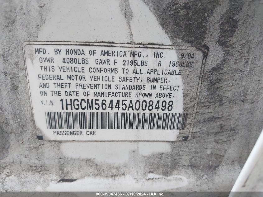 2005 Honda Accord 2.4 Lx VIN: 1HGCM56445A008498 Lot: 39847456