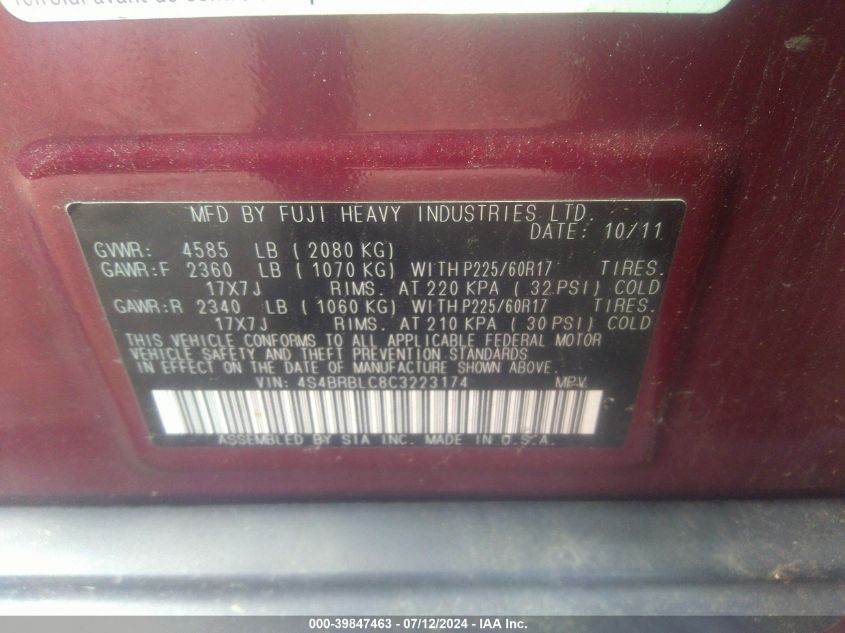 2012 Subaru Outback 2.5I Limited VIN: 4S4BRBLC8C3223174 Lot: 39847463