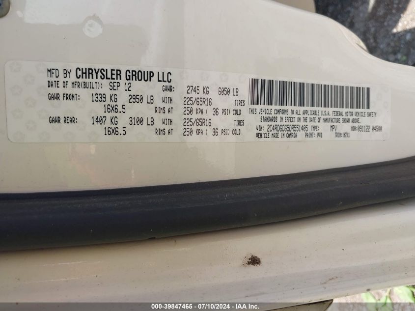 2013 Dodge Grand Caravan Sxt VIN: 2C4RDGCG5DR551405 Lot: 39847465