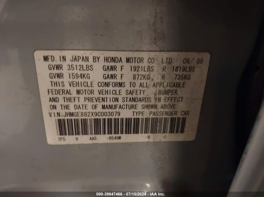 2009 Honda Fit VIN: JHMGE882X9C003079 Lot: 39847466