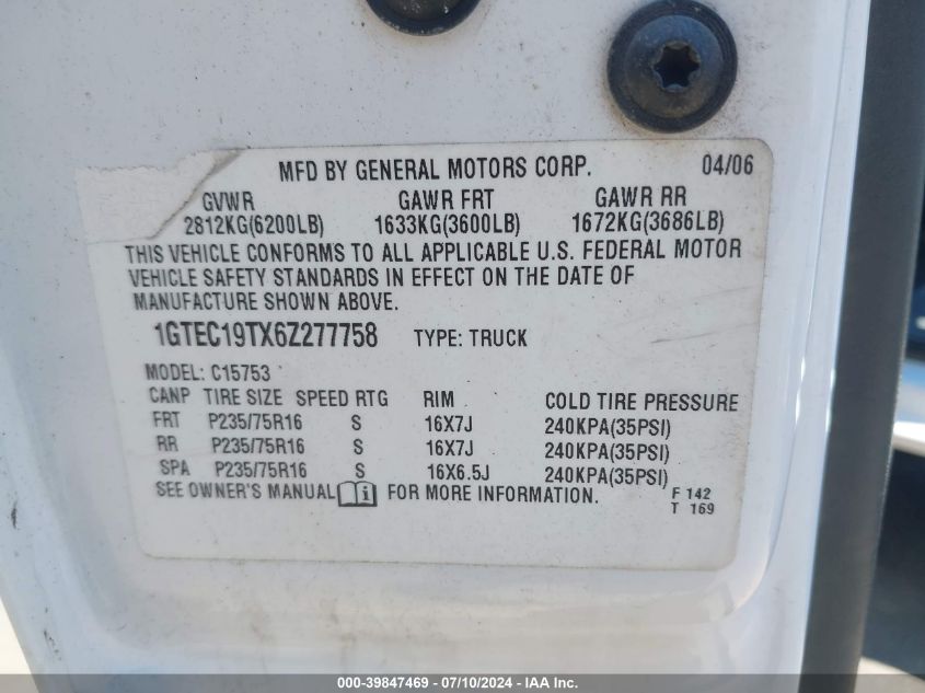 2006 GMC Sierra 1500 Sle1 VIN: 1GTEC19TX6Z277758 Lot: 39847469