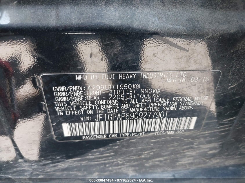 2016 Subaru Impreza 2.0I Sport Premium VIN: JF1GPAP69G9277901 Lot: 39847494