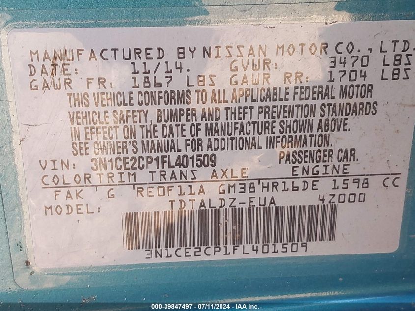 2015 Nissan Versa Note S (Sr)/S Plus/Sl/Sr/Sv VIN: 3N1CE2CP1FL401509 Lot: 39847497