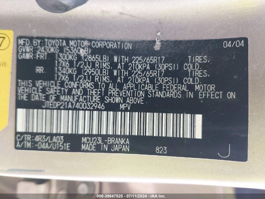 2004 Toyota Highlander Limited V6 VIN: JTEDP21A740032946 Lot: 39847525