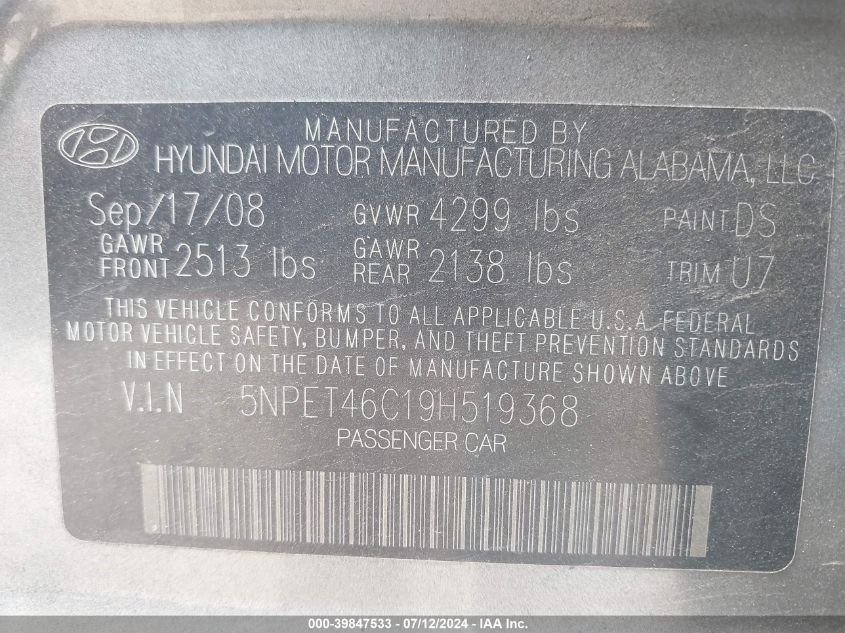 5NPET46C19H519368 2009 Hyundai Sonata Gls