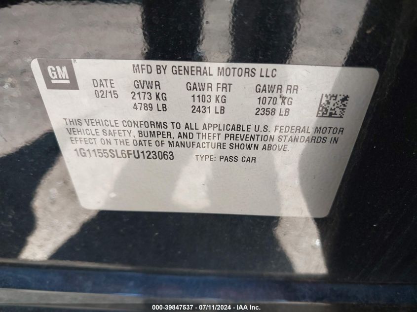 2015 Chevrolet Impala 1Lz VIN: 1G1155SL6FU123063 Lot: 39847537