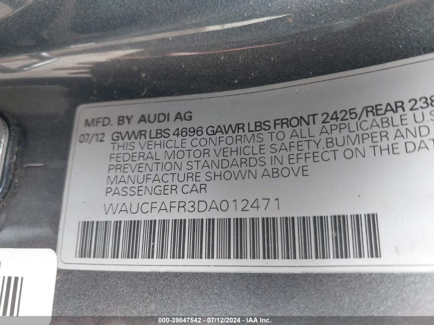 WAUCFAFR3DA012471 2013 Audi A5 Premium