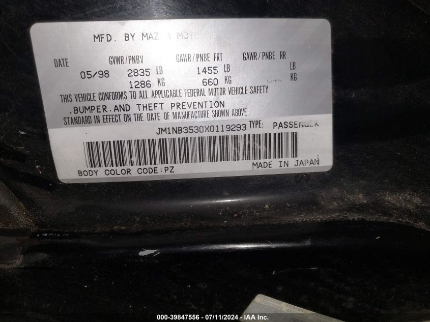 1999 Mazda Mx-5 Miata Leather Pkg/Popular Equipment Pkg/Sports Pkg/Touring Pkg VIN: JM1NB3530X0119293 Lot: 39847556