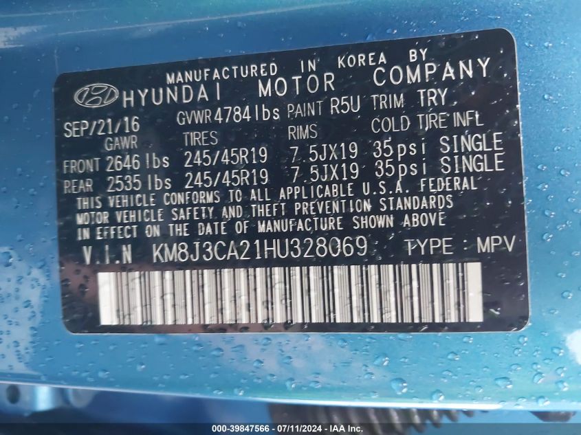 2017 Hyundai Tucson Limited VIN: KM8J3CA21HU328069 Lot: 39847566