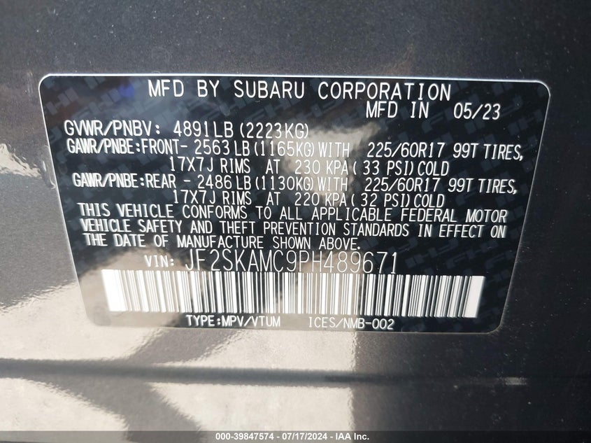 2023 Subaru Forester Wilderness VIN: JF2SKAMC9PH489671 Lot: 39847574