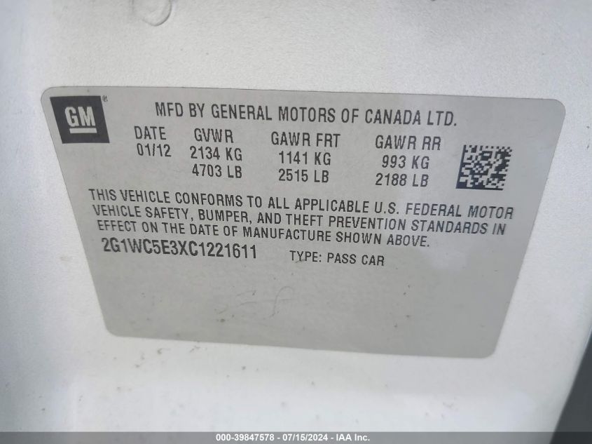 2012 Chevrolet Impala Ltz VIN: 2G1WC5E3XC1221611 Lot: 39847578