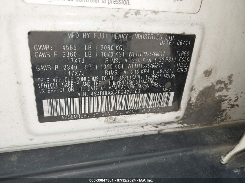 2011 Subaru Outback 2.5I Premium VIN: 4S4BRBGC3B3427163 Lot: 39847581