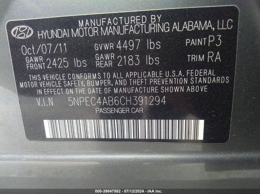 2012 Hyundai Sonata Se 2.0T VIN: 5NPEC4AB6CH391294 Lot: 39847582