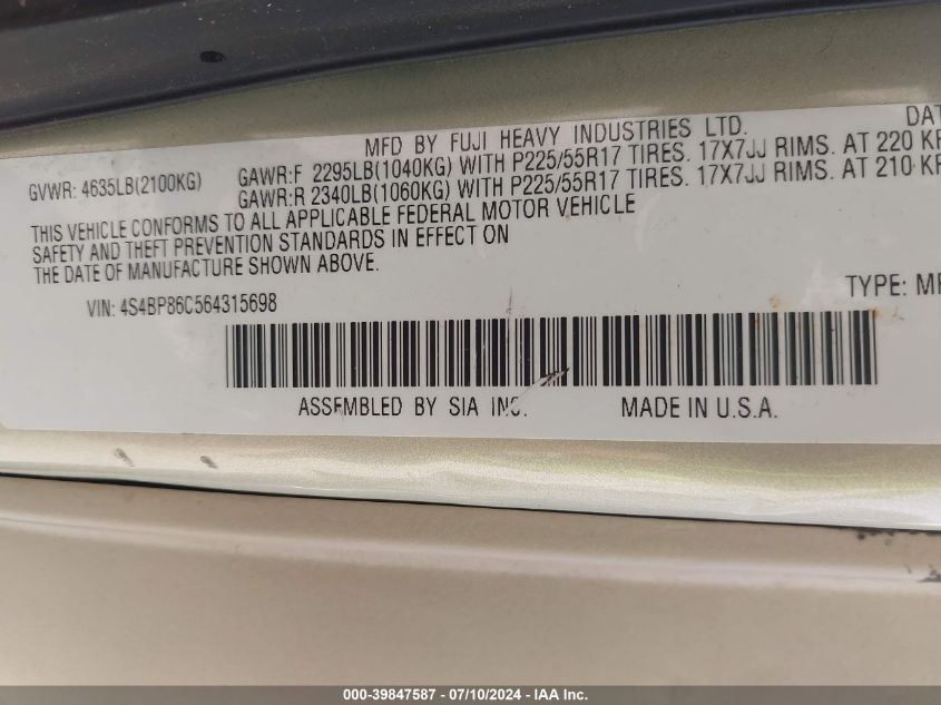 4S4BP86C564315698 | 2006 SUBARU OUTBACK