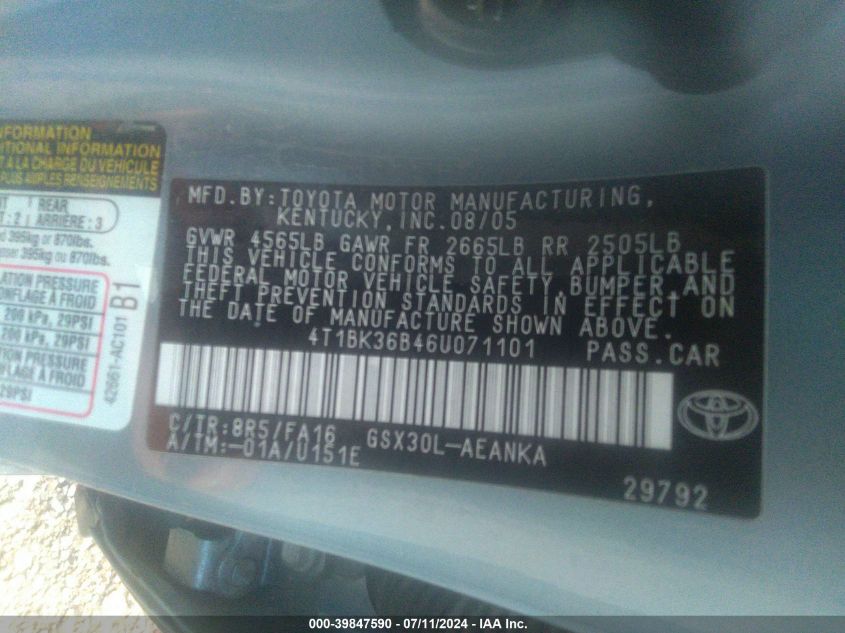 2006 Toyota Avalon Xl VIN: 4T1BK36B46U071101 Lot: 39847590