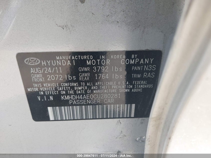2012 Hyundai Elantra Gls (Ulsan Plant) VIN: KMHDH4AE0CU280281 Lot: 39847611