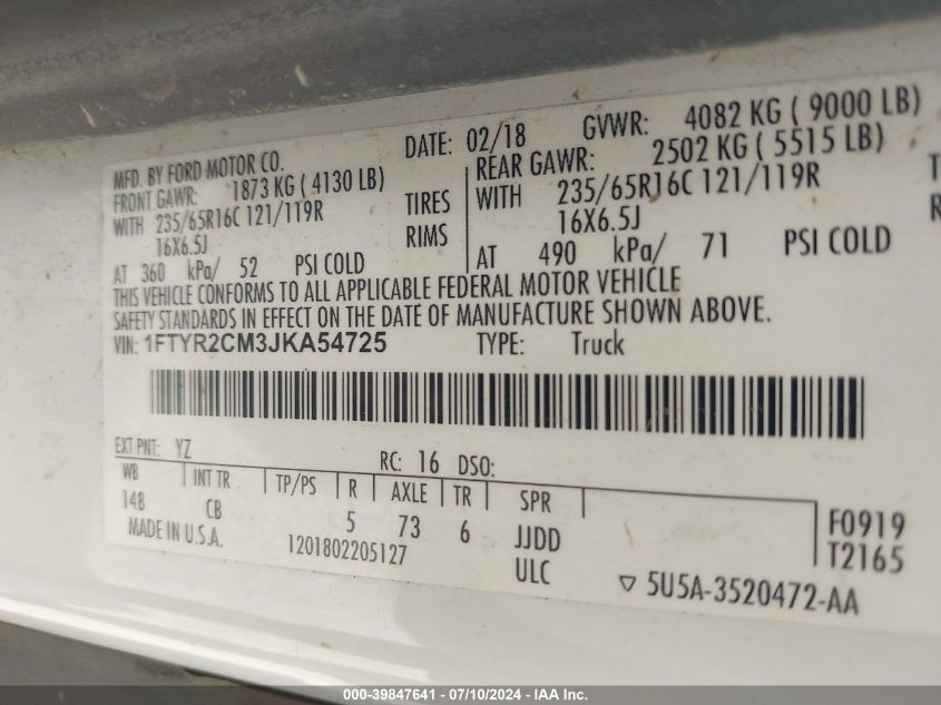 2018 Ford Transit-250 VIN: 1FTYR2CM3JKA54725 Lot: 39847641