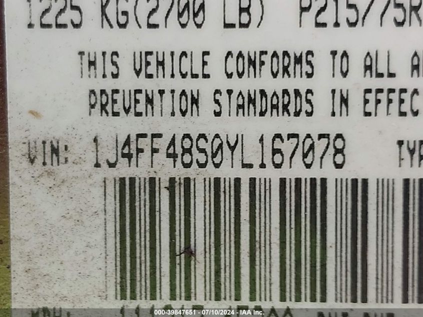 2000 Jeep Cherokee Sport VIN: 1J4FF48S0YL167078 Lot: 39847651