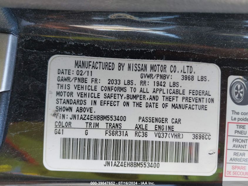 2011 Nissan 370Z VIN: JN1AZ4EH8BM553400 Lot: 39847652