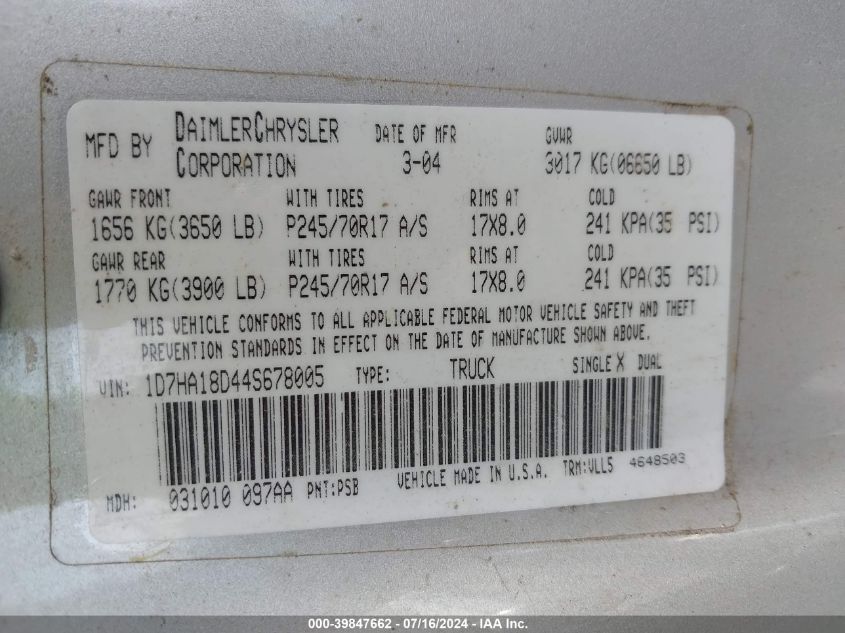 2004 Dodge Ram 1500 St/Slt VIN: 1D7HA18D44S678005 Lot: 39847662