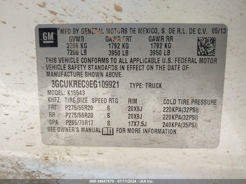 3GCUKREC9EG109921 2014 Chevrolet Silverado 1500 1Lt