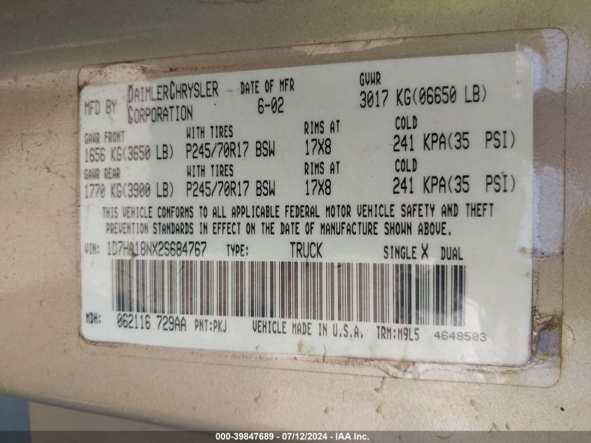 2002 Dodge Ram 1500 St VIN: 1D7HA18NX2S684767 Lot: 39847689