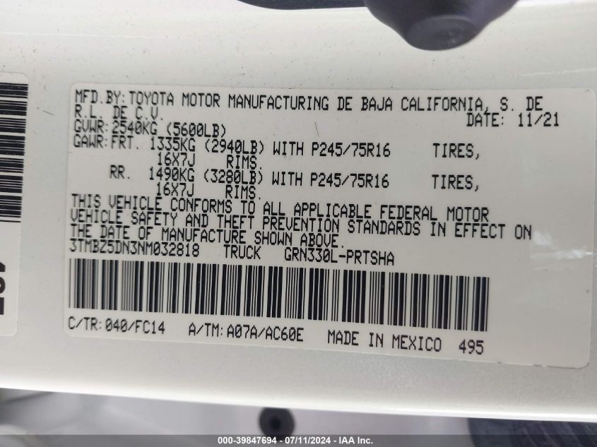 2022 Toyota Tacoma Sr5 V6 VIN: 3TMBZ5DN3NM032818 Lot: 39847694