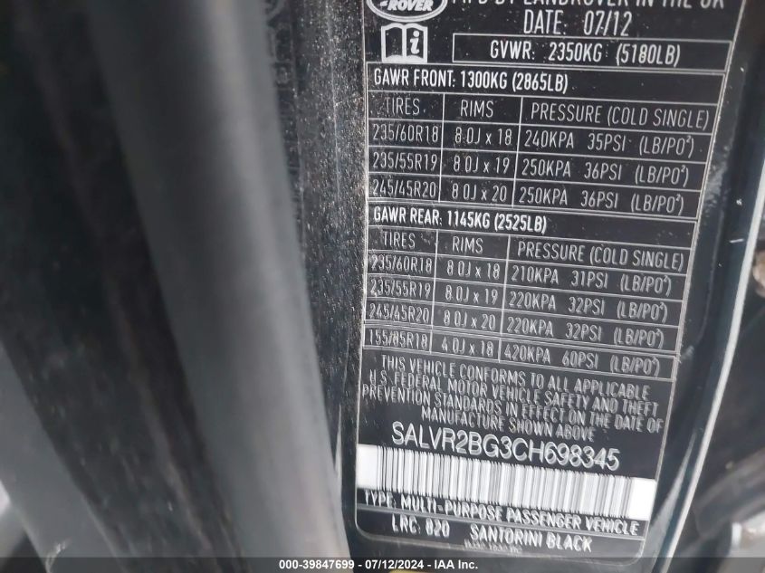 2012 Land Rover Range Rover Evoque Pure Plus VIN: SALVR2BG3CH698345 Lot: 39847699