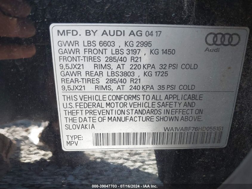 2017 Audi Q7 3.0T Premium VIN: WA1VABF76HD055151 Lot: 39847703