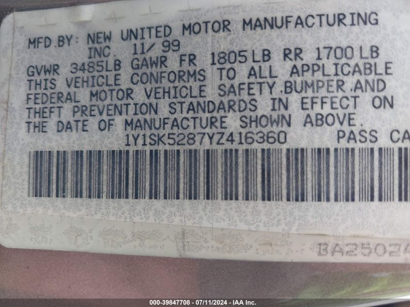 2000 Chevrolet Prizm VIN: 1Y1SK5287YZ416360 Lot: 39847708