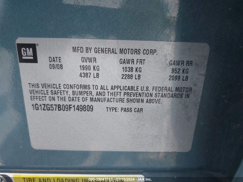 2009 Chevrolet Malibu Ls VIN: 1G1ZG57B09F149809 Lot: 39847713