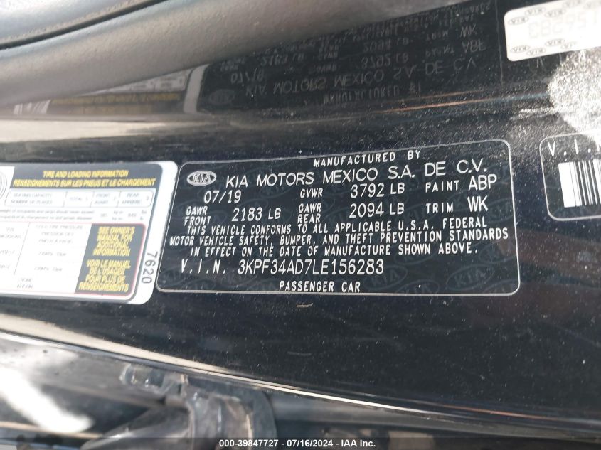 2020 Kia Forte Gt-Line VIN: 3KPF34AD7LE156283 Lot: 39847727