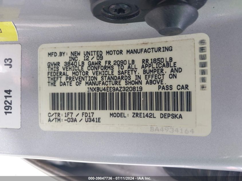 2010 Toyota Corolla S VIN: 1NXBU4EE9AZ320819 Lot: 39847736