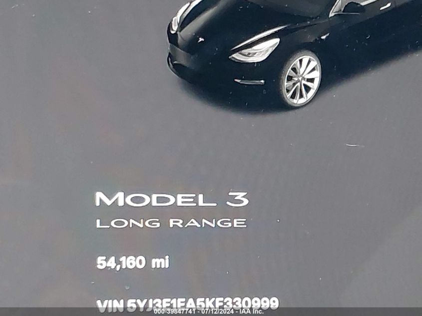 2019 Tesla Model 3 VIN: 5YJ3E1EA5KF330999 Lot: 39847741