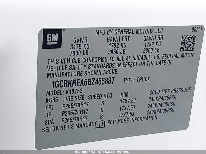 2011 Chevrolet Silverado 1500 Ls VIN: 1GCRKREA6BZ465887 Lot: 39847763