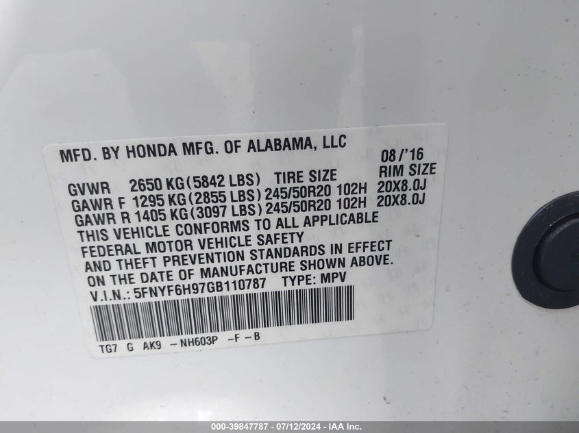 2016 HONDA PILOT TOURING - 5FNYF6H97GB110787