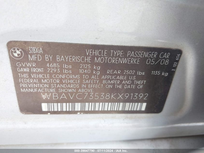 2008 BMW 328Xi VIN: WBAVC73538KX91392 Lot: 39847790