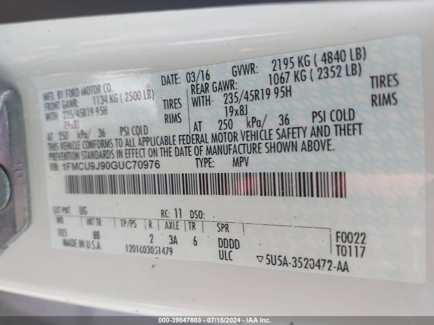 2016 Ford Escape Titanium VIN: 1FMCU9J90GUC70976 Lot: 39847803