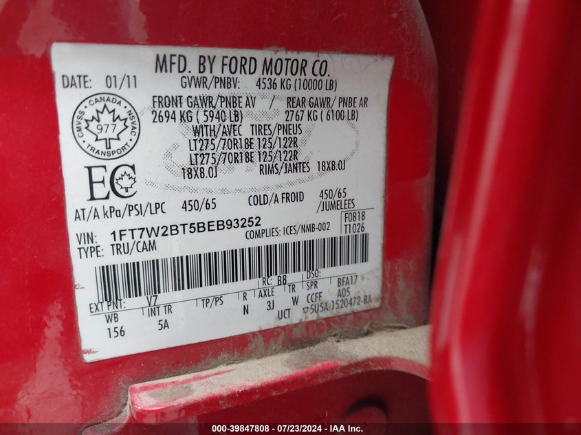 2011 Ford F250 Super Duty VIN: 1FT7W2BT5BEB93252 Lot: 39847808