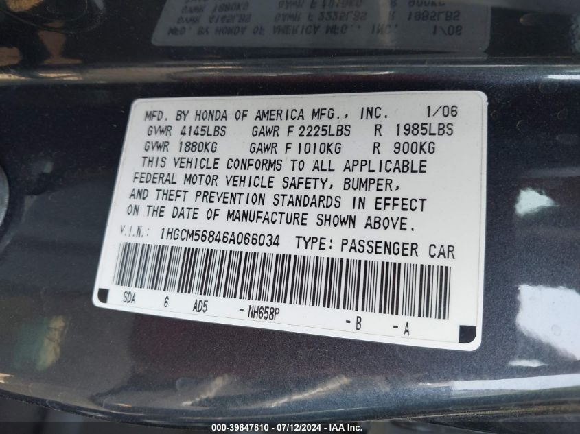 2006 Honda Accord 2.4 Ex VIN: 1HGCM56846A066034 Lot: 39847810