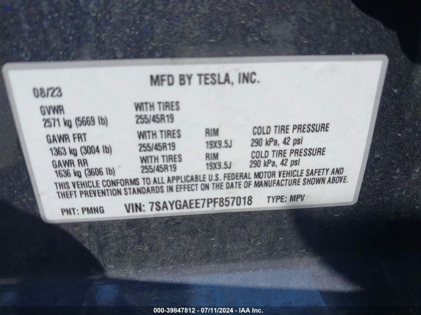 2023 Tesla Model Y VIN: 7SAYGAEE7PF857018 Lot: 39847812