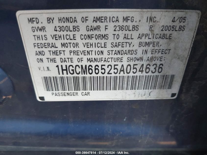 2005 Honda Accord Ex VIN: 1HGCM66525A054636 Lot: 39847814