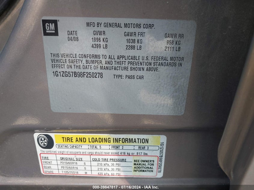 2008 Chevrolet Malibu Ls VIN: 1G1ZG57B98F250278 Lot: 39847817