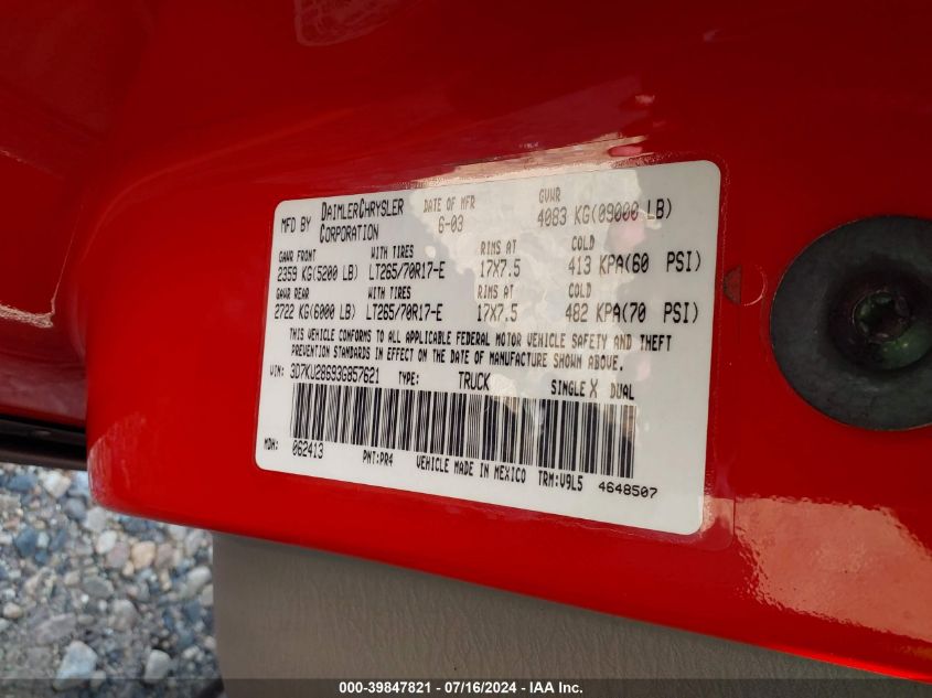 2003 Dodge Ram 2500 Slt/Laramie/St VIN: 3D7KU28693G857621 Lot: 39847821