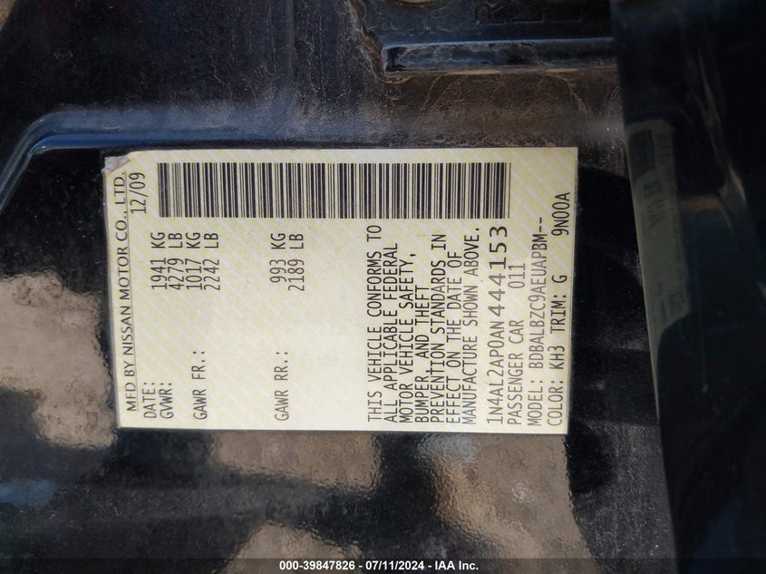 2010 Nissan Altima 2.5 S VIN: 1N4AL2AP0AN444153 Lot: 39847826