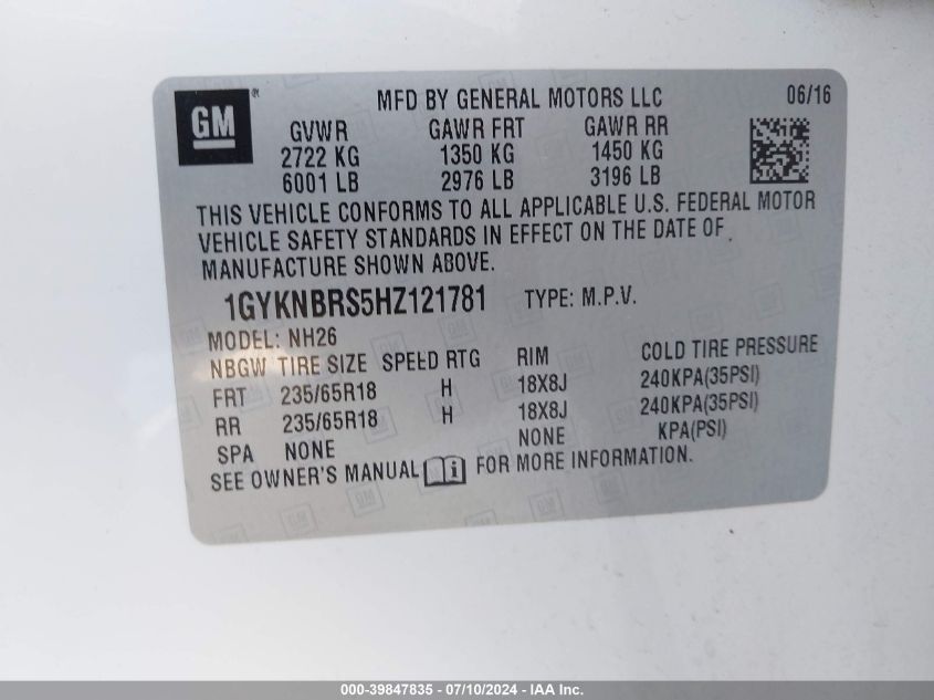 2017 Cadillac Xt5 Luxury VIN: 1GYKNBRS5HZ121781 Lot: 39847835