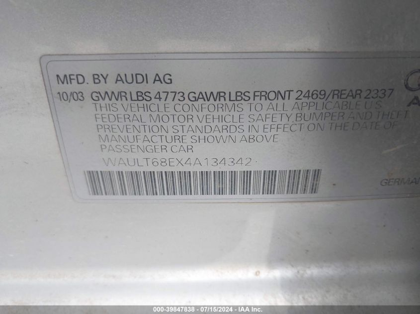 2004 Audi A4 3.0 VIN: WAULT68EX4A134342 Lot: 39847838