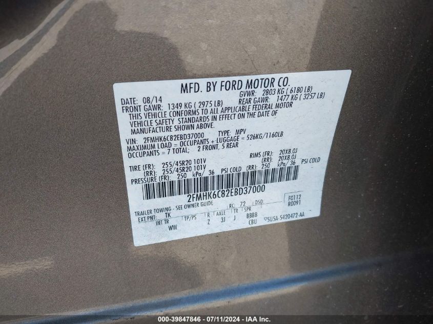 2014 Ford Flex Sel VIN: 2FMHK6C82EBD37000 Lot: 39847846