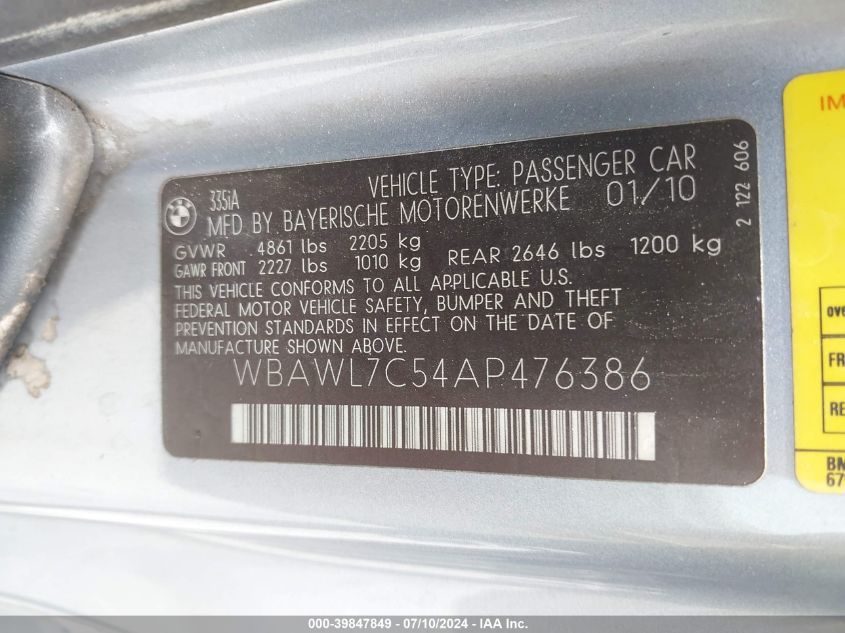 2010 BMW 335I VIN: WBAWL7C54AP476386 Lot: 39847849
